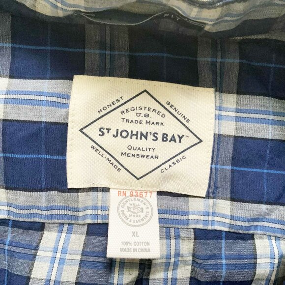 ST. John’s Bay 100% Cotton Blue & White Plaid Classic Fit XL Button-Down Shirt - Picture 8 of 15